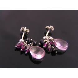 Pink Grapefruit Quartz, Rhodolite Garnet and Black Spinel Sterling Ear Studs