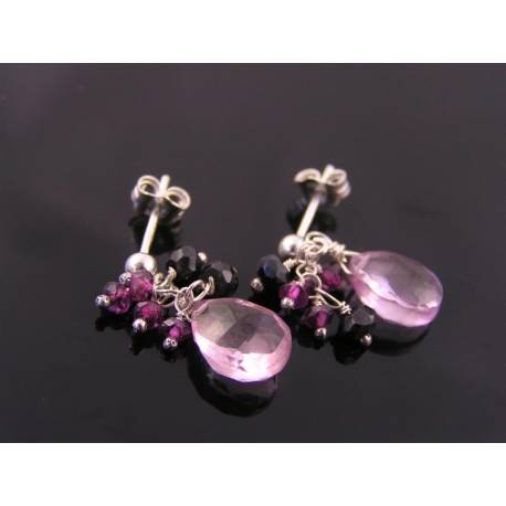 Pink Grapefruit Quartz, Rhodolite Garnet and Black Spinel Sterling Ear Studs