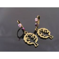 Cute Tree of Life Earrings with Wire Wrapped Pink and Purple Bead Ear Wires