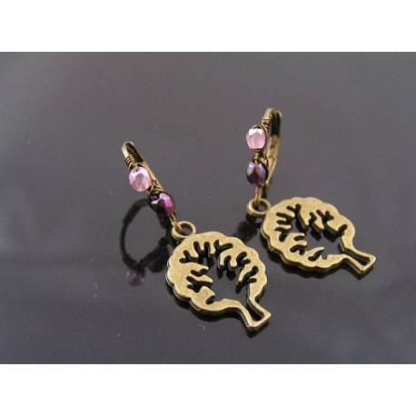 Cute Tree of Life Earrings with Wire Wrapped Pink and Purple Bead Ear Wires
