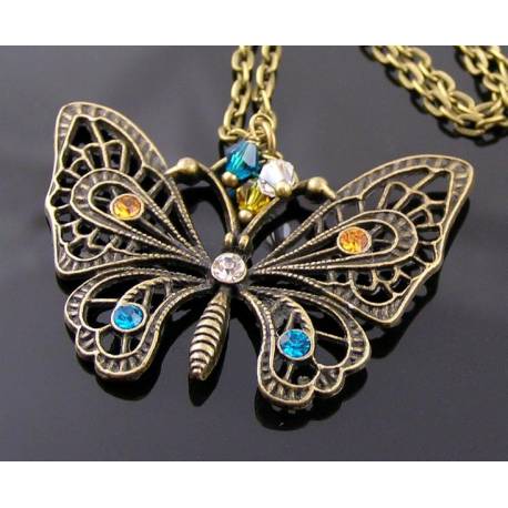 Filigree Butterfly Necklace, Handset with Crystals and Rhinestones