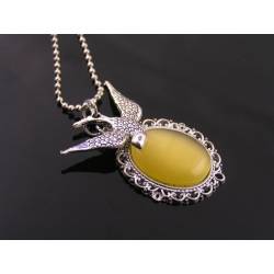 Honey Yellow Cats Eye Filigree Pendant with Bird Charm Necklace