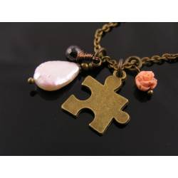 Pearl, Coral and Cubic Zirconia Necklace with Puzzle Charm