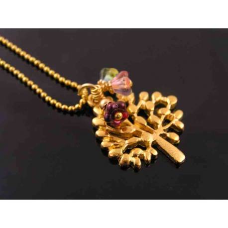 Whimsical Gold Tree of Life with Czech Glass Flowers Necklace