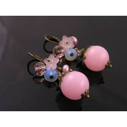 Romantic Pink Lucite, Crystal, Pearl and Flower Earrings