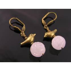 Bird Earrings with Carved Rose Quartz Beads