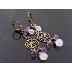 Moonstone and Amethyst Heart Chandelier Earrings