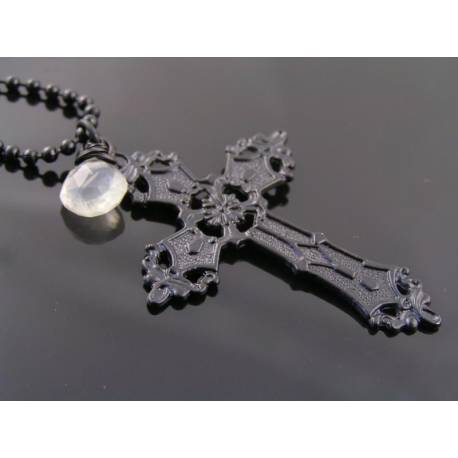 Black Cross Pendant with Moonstone Necklace