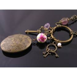 Long Chatelaine Necklace with Pink Amethyst and Locket