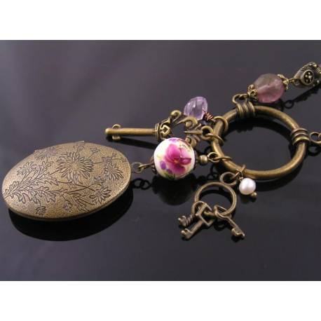 Long Chatelaine Necklace with Pink Amethyst and Locket