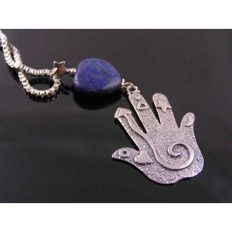 Carved Lapis Lazuli Heart Necklace with Spiral Hand Pendant