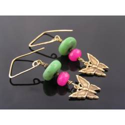 Chrysoprase, Pink Jade and Butterfly Earrings
