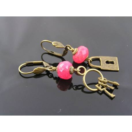 Locket and Key Earrings with large, genuine Rubies