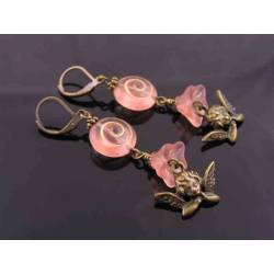 Peach Flower and Spiral Czech Glass and Angel Charm Earrings