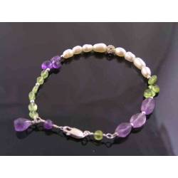 Gemstone Bracelet in Suffragette Colours, Amethyst, Peridot and White Pearls