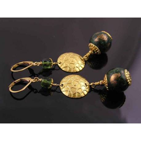 Green and Gold Dangle Earrings