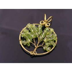Hand Made Peridot Chips Tree of Life Pendant, August Birthstone