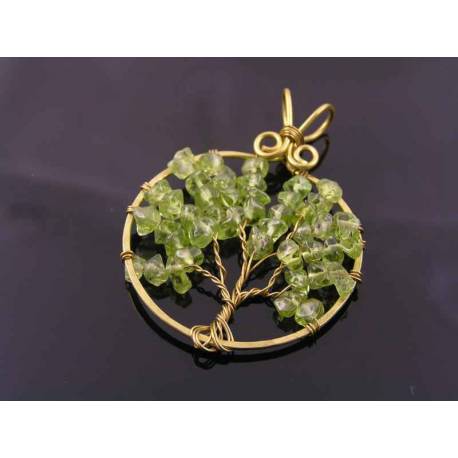 Hand Made Peridot Chips Tree of Life Pendant, August Birthstone