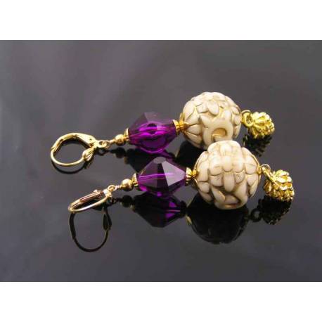 Ornate Gold and Purple Lucite Earrings with New Vintage Beads