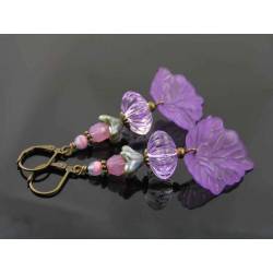 Purple Beaded Earrings with Czech Beads and Lucite Leaf