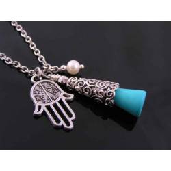 Hamsa Hand Protection Necklace with Turquoise and Pearl
