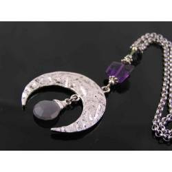 Antique Silver Crescent Moon Pendant with Grey Moonstone and Amethyst