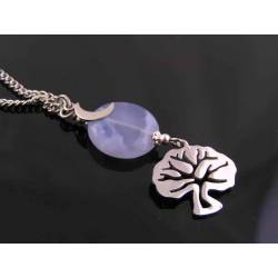 Tree of Life Necklace with Blue Chalcedony Bead and Crescent Moon Charm