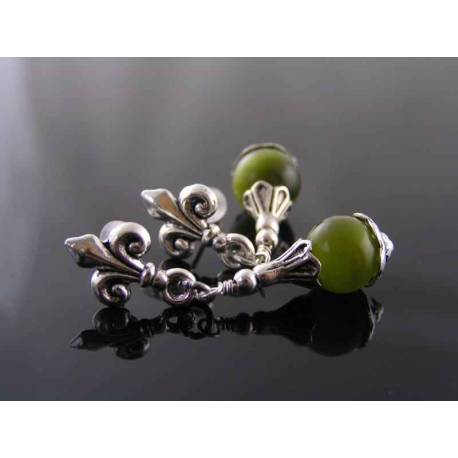 Fleur de Lys and Green Cat's Eye Earrings, Studs