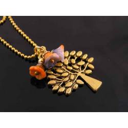 Cute Tree of Life Necklace with Czech Flower Beads, Gold