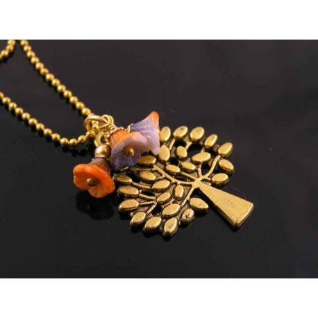Cute Tree of Life Necklace with Czech Flower Beads, Gold