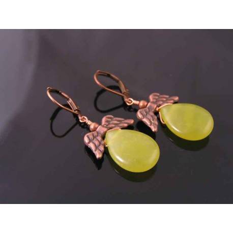 Olive Quartz, Copper Wings Earrings