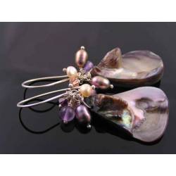 Large Purple Shell Drop Earrings with Amethyst, Pearls and Crystals