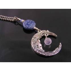 Crescent Moon Necklace with Pink Amethyst and Ice Quartz