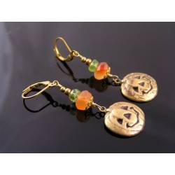 Carnelian and Peridot Earrings Pumpkin Charm - Halloween Earrings