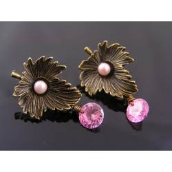 Maple Leaf Ear Studs with Pink Pearl and Pink Cubic Zirconia