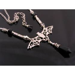 Bat Necklace with Black Crystal Drop