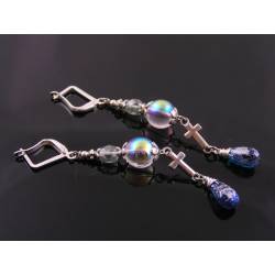 Inline Cross Earrings in Blue and Silver