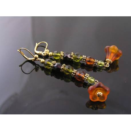 Beaded Earrings in Green and Brown, Czech Glass