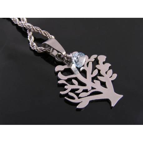 Tree of Life Necklace with Blue Topaz, Stainless Steel