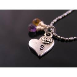 Initial Necklace with Amethyst and Citrine, Heart Pendant