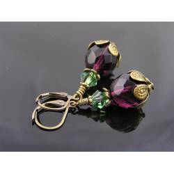 Czech Glass Bead Earrings, Purple and Green