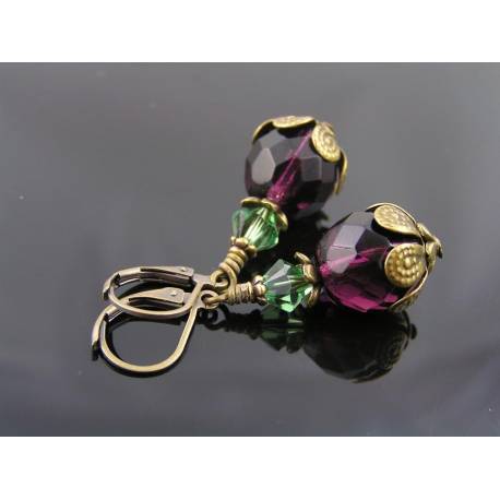 Czech Glass Bead Earrings, Purple and Green