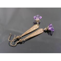 Long Ornate Dangle Earrings with Purple Flowers