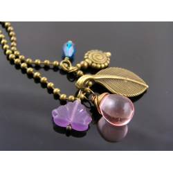 Leaf Necklace with Purple, Pink and Teal Czech Beads