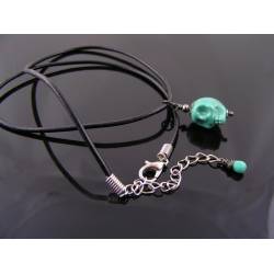 Green Skull on Black Leather Necklace
