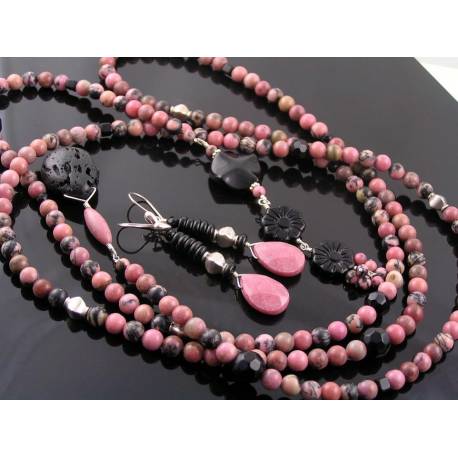 Rhodonite, Black Onyx and Lava Stone Lariat, Sterling Silver