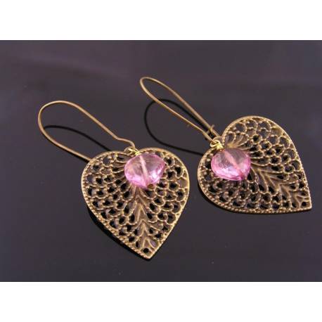 Filigree Heart and Mystic Pink Quartz Earrings