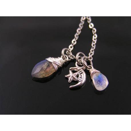 Tiny Crescent Moon Necklace with Labradorite and Moonstone