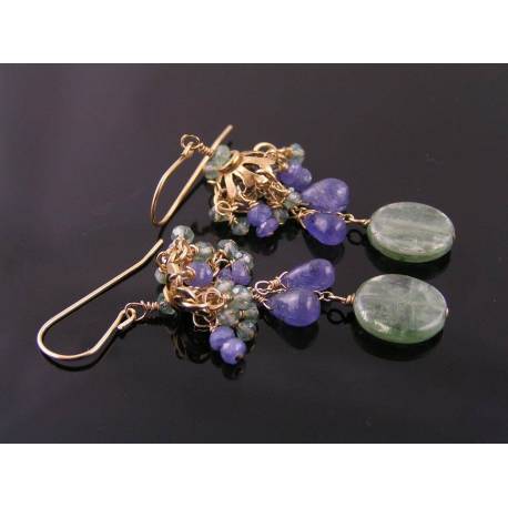 Tanzanite and Green Kyanite Earrings, gold filled