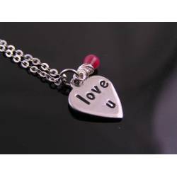 Love U - Hand Stamped Heart Necklace with Genuine Ruby Gemstone